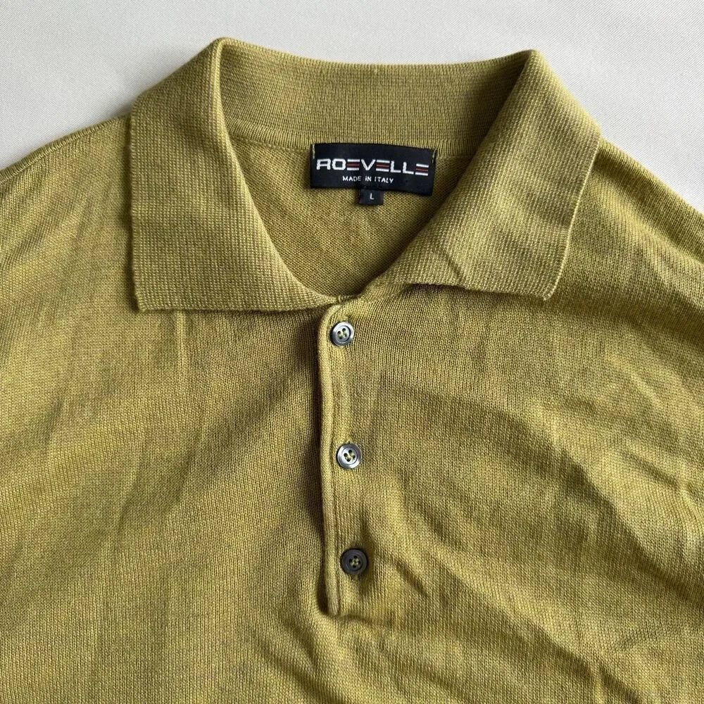 Roevelle VTG‎ 90s Three Button Polo Sweater L Lightweight Wool Moss Green Italy